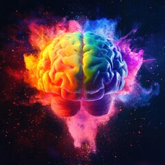 Colorful brain explosion, abstract art, vibrant colors, cosmic background