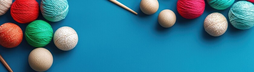 Colorful yarn balls, crafting supplies on blue background, for knitting or crocheting