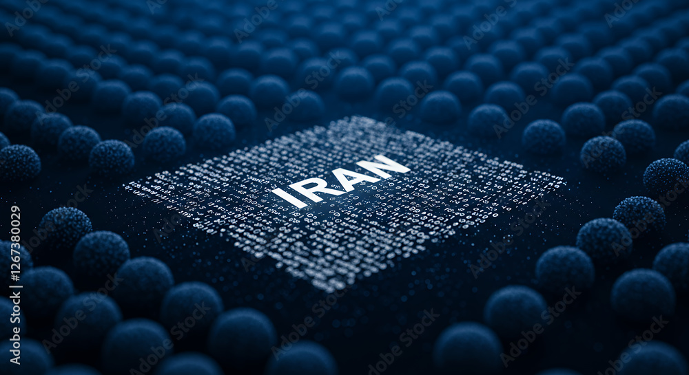 Poster iran cybersecurity: digital threat landscape | binary code & security network illustration | cyber w
