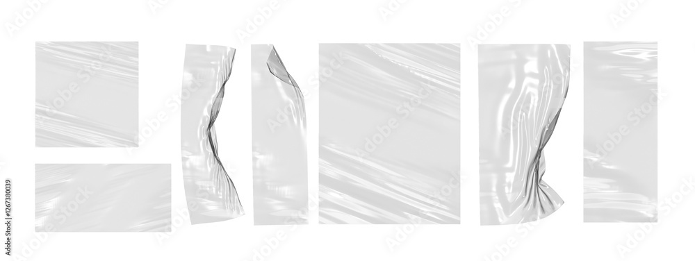 Poster 3d set of transparent plastic film with shrink effect. overlay mockup of square and rectangle crumpl
