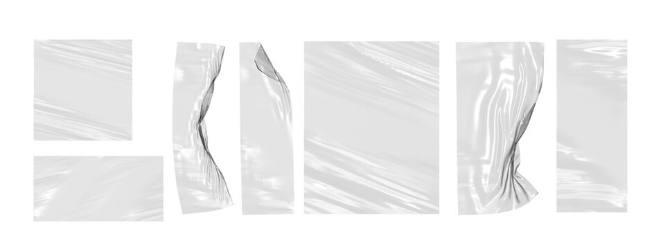 3d set of transparent plastic film with shrink effect. Overlay mockup of square and rectangle crumpled wrap. Realistic render texture of cellophane bag, clear package with wrinkle. 3D illustration