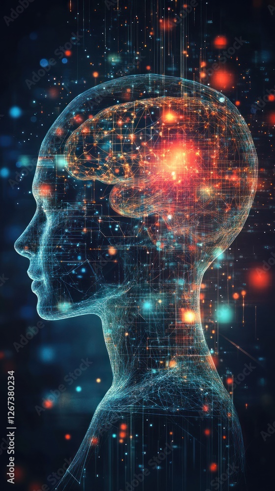 Poster a digital representation of a human head in profile, showcasing a glowing brain filled with vibrant 