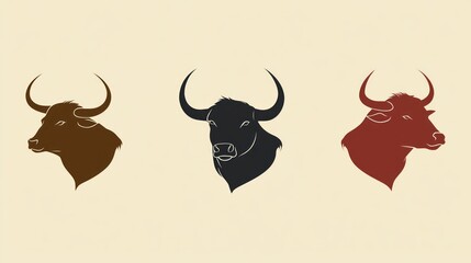 Three bull head illustrations on a light background, suitable for farm-related themes or symbolic representations