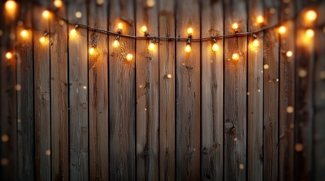 Glowing string lights on rustic wooden fence at night, festive backdrop