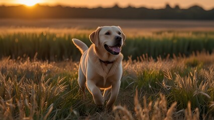 Labrador Retriever: Dog Running in Field at Sunset, Golden Hour