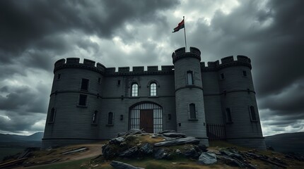 Professional photograph of an abandoned medieval castle, gothic and dramatic style, intense dramatic weather, tight close-up shot
