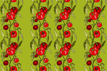 Botanical seamless pattern with cartoon growing red tomatoes vector illustration. Repeating vegetables pattern in green color background. Graphic design for Wallpaper Fashion Textile Cover Birthday