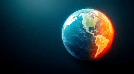 Fototapeta premium A vivid depiction of Earth showcasing contrasting regions, with one half illuminated and warm, representing climate and environmental themes.