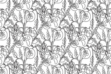 Fototapeta premium Line art seamless pattern with growing tomatoes vector illustration. Hand drawn outline repeating vegetables pattern background. Graphic design for Wallpaper Coloring Book Textile Cover Fashion Print