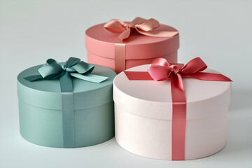 Obraz premium Three round gift boxes with different colors and ribbons, on a gray background, in a pastel color palette of pink, green, and beige.