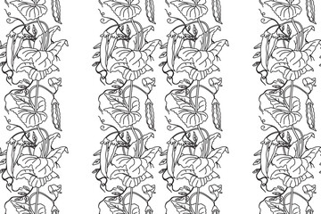 Line art seamless pattern with growing peas vector illustration. Hand drawn outline repeating vegetables pattern background. Graphic design for Wallpaper Coloring Book Textile Cover Fashion Print Card