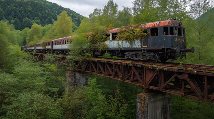 Fototapeta premium Abandoned Train on a Forest Bridge, Covered in Rust and Moss