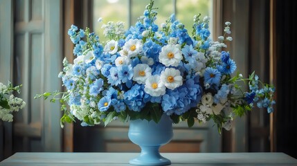 A blue vase filled with blue and white flowers sits on a table