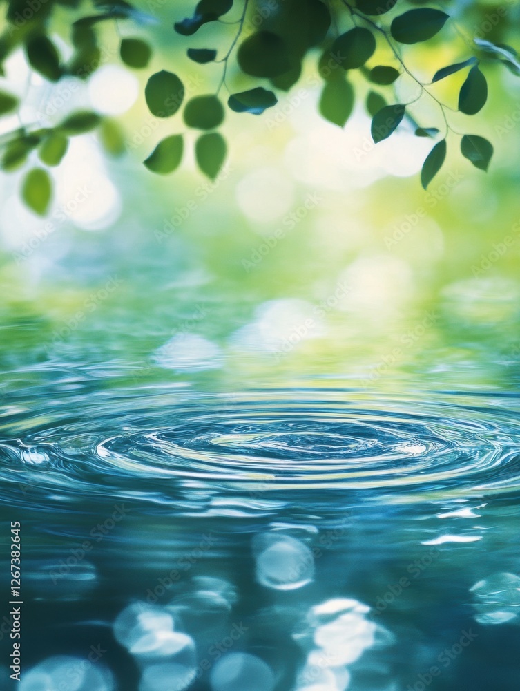 Poster Water surface ripples under leafy branches in a serene green environment during daytime. Generative AI