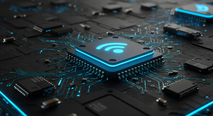 ** Wi-Fi Power: Futuristic Circuit Board with Glowing Connection, Data Flow, Technology, Innovation, Network, and Modern Design