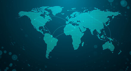 Obraz premium ** Global Network: Dotted World Map - Connection, Data, Technology, and International Reach Visualized.