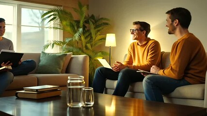 A dynamic Bible study session in a modern living room, where friends of different backgrounds eagerly discuss Scripture, laughter and deep reflection filling the space.