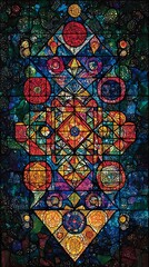 Intricate stainedglass artwork depicting a cosmic mandala. Vibrant colors and geometric patterns create a mystical, spiritual feel, perfect for meditation, spirituality, or design projects.