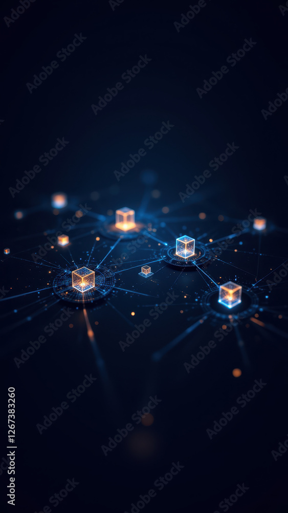 Poster a digital art depiction of interconnected blocks representing cybersecurity protection with a dark c