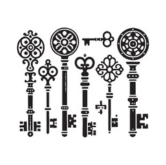 Antique key silhouettes Medieval and modern keys 