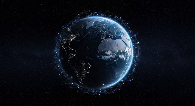 Global Network: Earth Connected by Digital Lines in Space - Technology, Connectivity & World Communications.