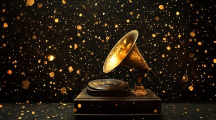 Vintage Gramophone in a Golden Sparkles Backdrop
