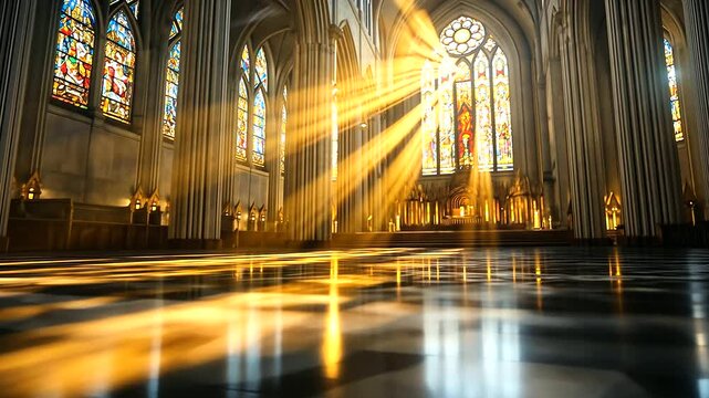 A grand cathedral bathed in golden sunlight, with abstract blur enhancing the ethereal glow filtering through stained glass windows.
