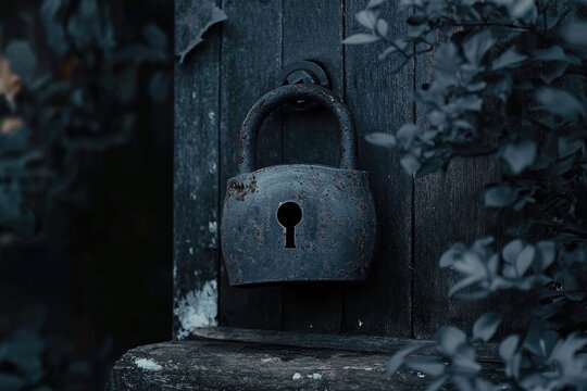 A rusty old padlock hangs on a weathered wooden door, surrounded by dark foliage.