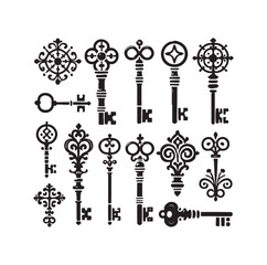 Antique key silhouettes Medieval and modern keys silhouette vector illustration