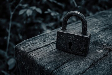 A weathered, dark metal padlock rests on aged, dark wooden surface, hinting at secrets and forgotten stories.