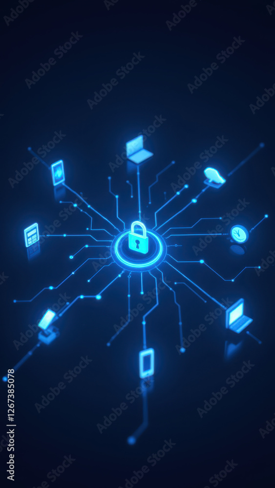 Aufkleber cybersecurity network with interconnected devices and a central lock symbolizing protection against 