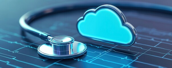 A stethoscope is connected to a digital cloud, symbolizing the integration of healthcare and technology.