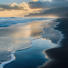 A beach where waves have a metallic shimmer and sand reflects like a mirror