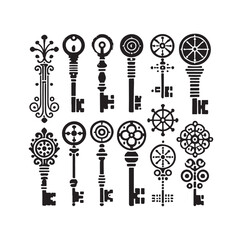 Antique key silhouettes Medieval and modern keys silhouette vector illustration