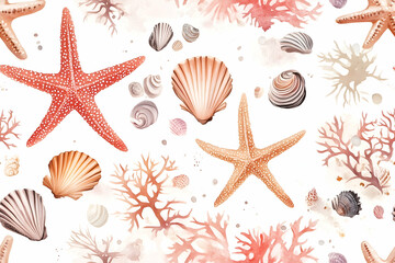 seamless background with shells, watercolor illustration of starfish, seashells, and coral on a light background