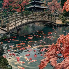 Serene autumnal scene Koi carp swim in a tranquil pond, surrounded by fallen maple leaves. A charming wooden bridge arches over the water, leading to a traditional pagoda nestled in vibrant foliage.