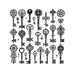 Antique key silhouettes Medieval and modern keys silhouette vector illustration