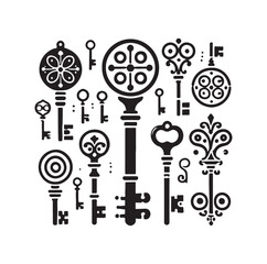 Antique key silhouettes Medieval and modern keys silhouette vector illustration