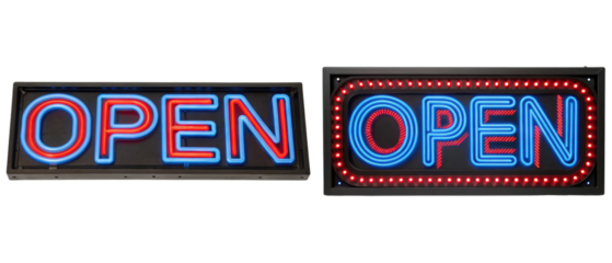 Two illuminated OPEN signs isolated with transparent background