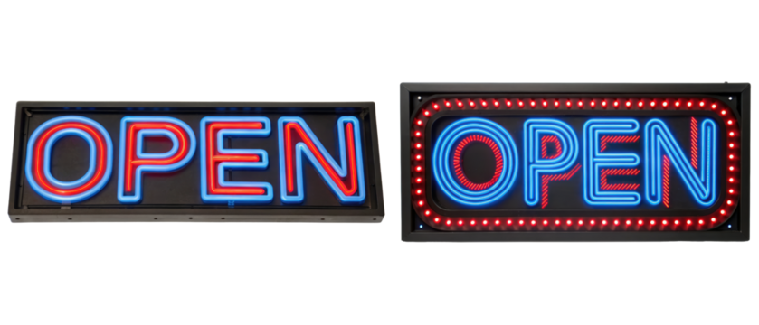 Two illuminated OPEN signs isolated with transparent background