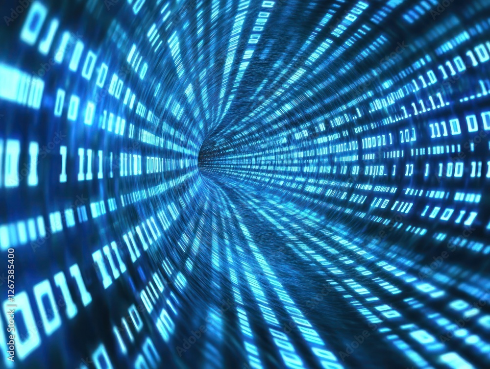 Poster digital tunnel of binary data flowing rapidly