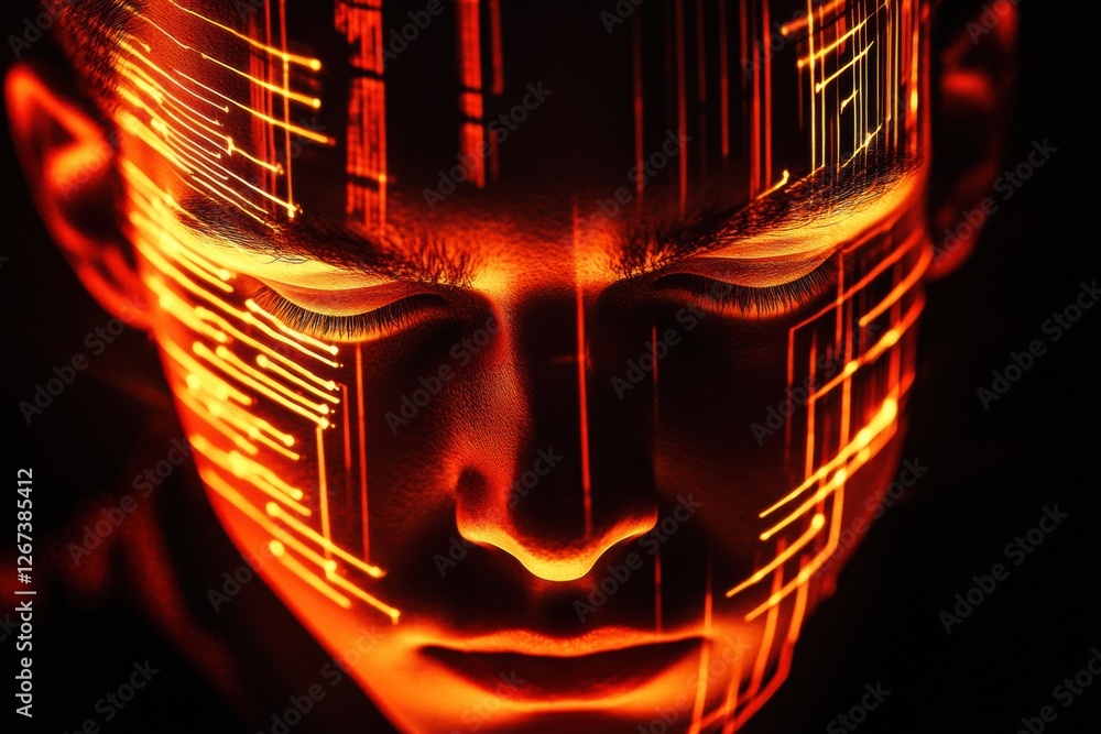 Aufkleber human face integrates with glowing digital circuits representing technology and human evolution. gen