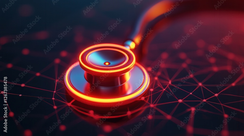 Aufkleber a futuristic stethoscope glows with red accents against a digital network background, symbolizing ad