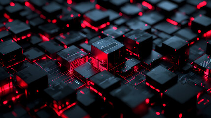 Fototapeta premium Tech-Inspired Cubes: Black, Red, and Glowing Circuit Patterns