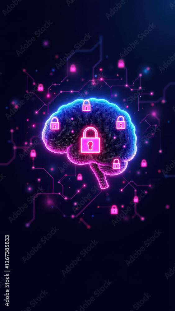 Poster futuristic concept with a human head composed of interconnected digital elements symbolizing the com