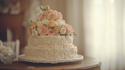 Elegant two-tiered wedding cake adorned with pastel roses and other blooms.