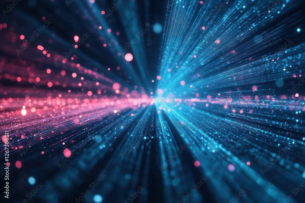 Poster vibrant abstract representation of light rays and particles in motion, showcasing a dynamic blend of