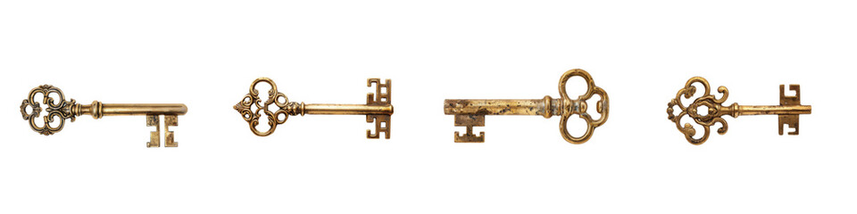 Set of Vintage Ornate Keys – Collection of Antique Brass Skeleton Keys on transparent background