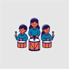 Kid playing music with drum and drumsticks vector illustration.