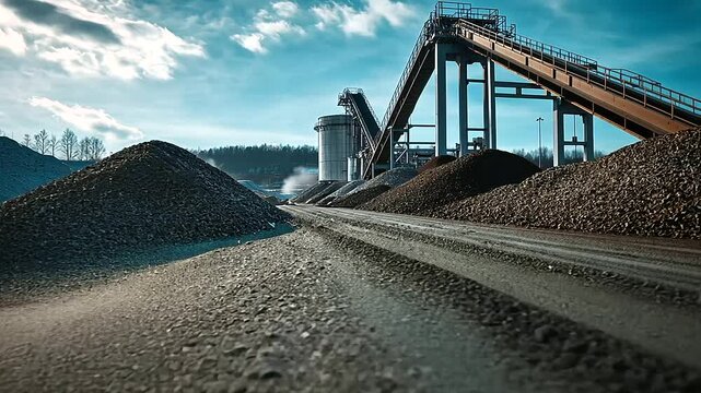 A long shot of an industrial mining operation, with huge piles of sand being transported on elevated conveyor belts, moving toward an automated refining facility.